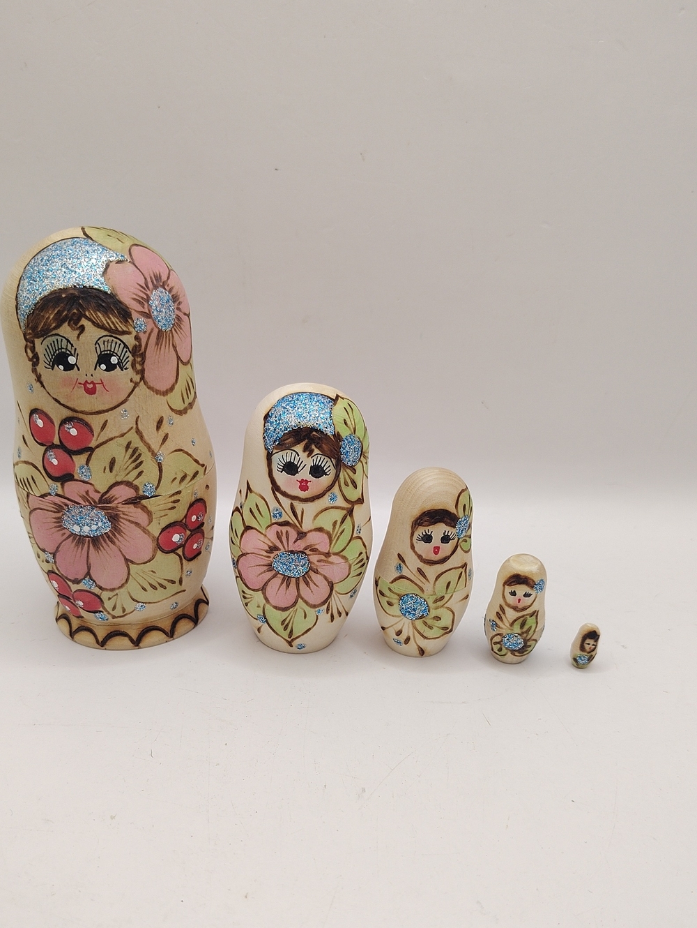 Vintage Small Wood Hand-Painted Russian Nesting Dolls Set Of 5 - Tan With Pink